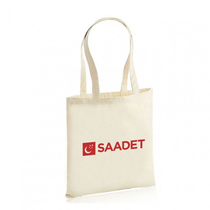 Saadet Partisi Logolu Doğal Renk Uzun Saplı Ham Bez Promosyon Çanta